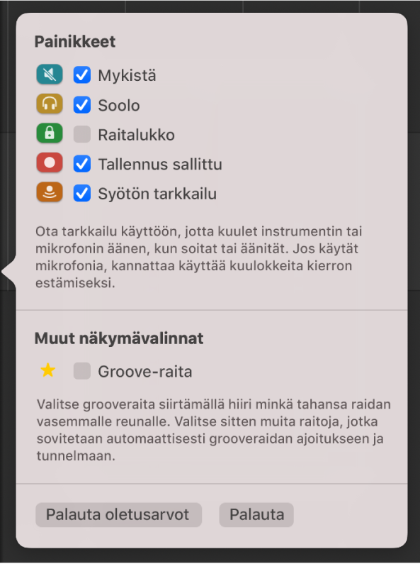 Määritä raidan otsakkeet -valintaikkuna.