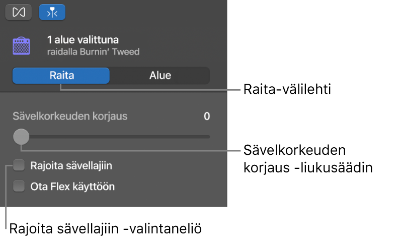 Äänieditorin inspektori Alue-tilassa, jossa näkyy Sävelkorkeuden korjaus ‑liukusäädin ja Rajoita sävellajiin ‑valintaneliö.