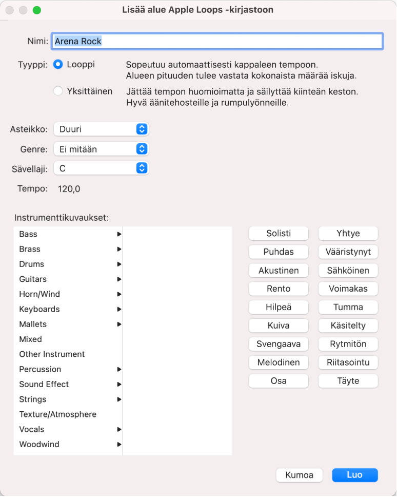 Lisää alue Apple Loops -kirjastoon valintaikkuna.