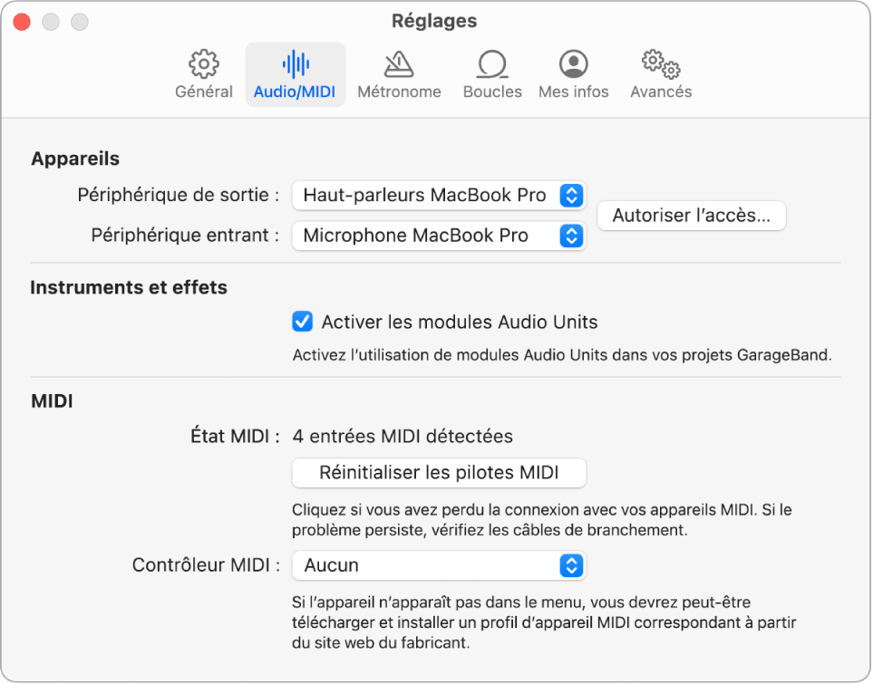 Sous-fenêtre Réglages Audio/MIDI.