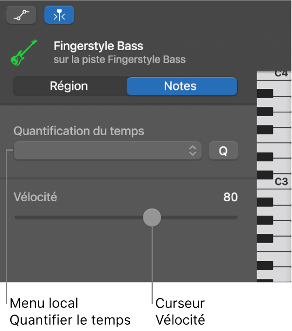 Commandes de l’inspecteur de l’éditeur de partition défilante en mode Notes.