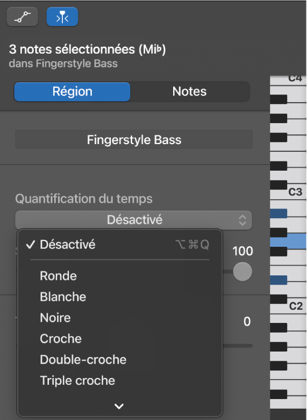 Sélection d’une valeur dans le menu local Quantification du temps dans l’inspecteur de l’éditeur de partition défilante.