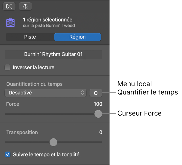 Menu local Quantification du temps et curseur Force dans l’inspecteur de l’éditeur audio.