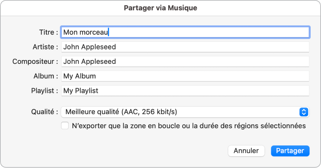 Zone de dialogue Partager via Musique.