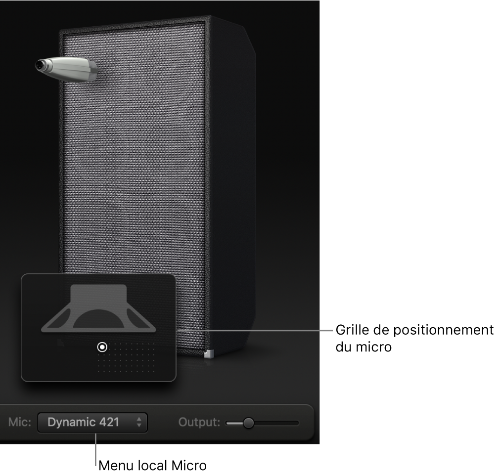 Zone de l’enceinte de Bass Amp Designer présentant le menu Mic et la grille de positionnement du micro.