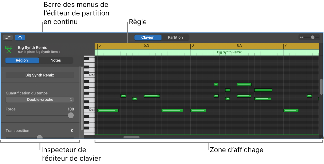 Éditeur de partition défilante, avec mise en évidence d’un évènement de note MIDI.