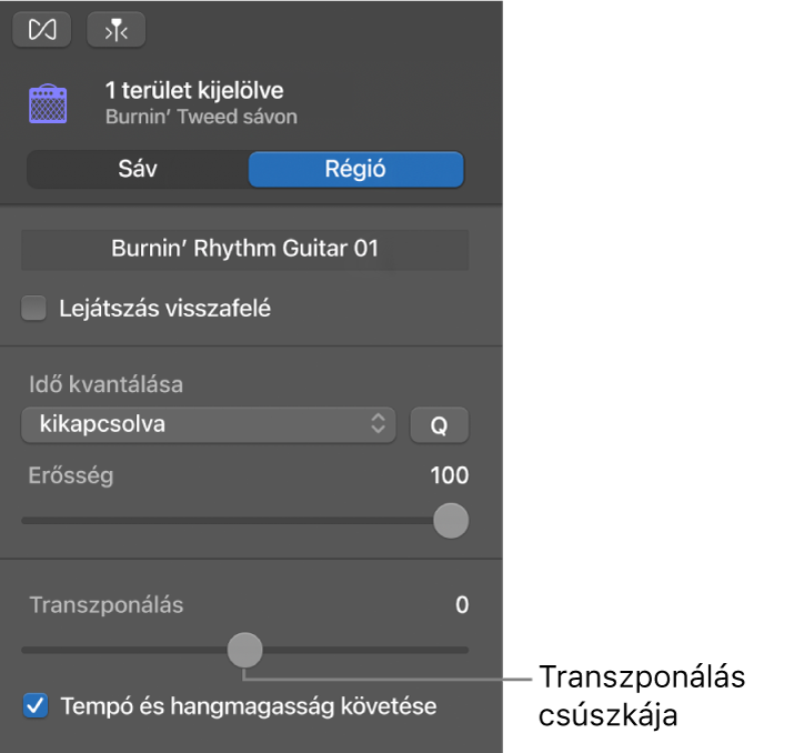 A Hangszerkesztő vizsgálója Terület módban a Transzponálás csúszkájával.