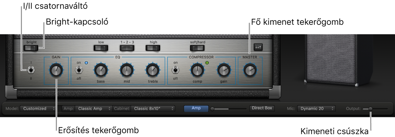 Bass Amp Designer-erősítővezérlők, beleértve a Bright-kapcsolót, az Erősítés gombot, az I. és a II. csatorna kapcsolóját és a Fő kimenet gombot.
