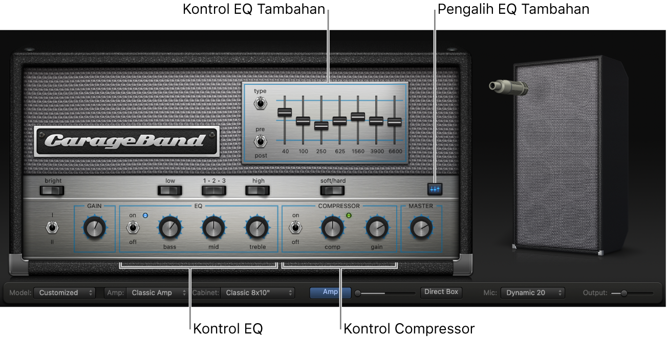 Amp Designer Bass menampilkan kontrol EQ dan Compressor.