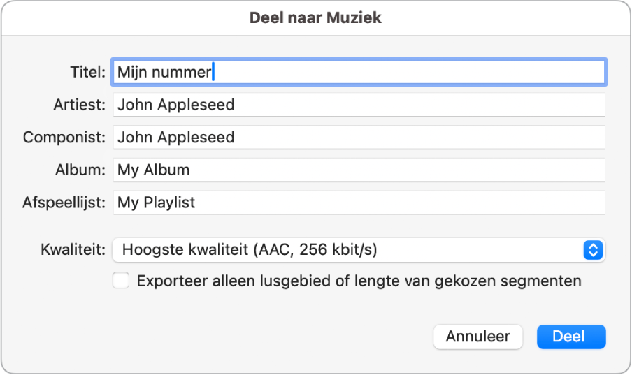 Dialoogvenster 'Deel naar Muziek'.