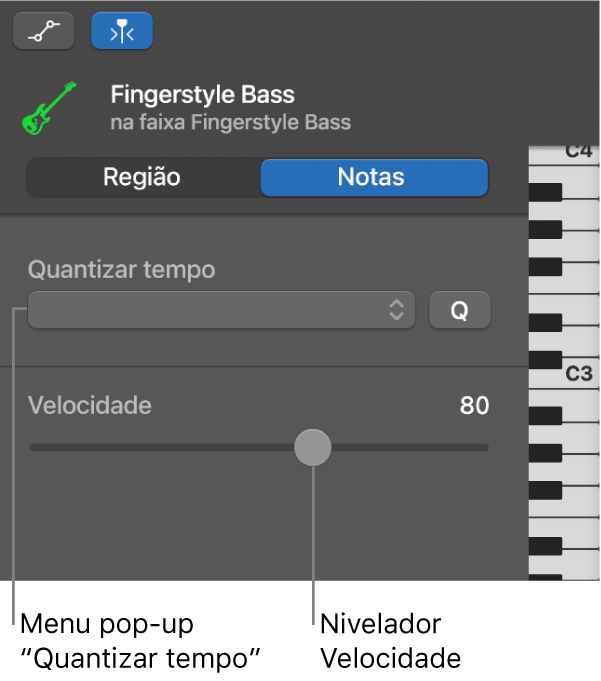 Inspetor do editor de rolo de piano no modo Notas, a ilustrar os controlos.