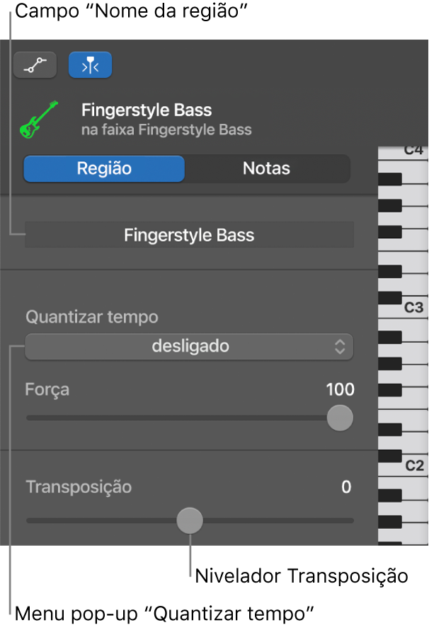 Inspetor do editor de rolo de piano no modo Região, a ilustrar os controlos.