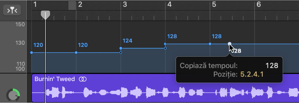 Pistă Tempo afișând copierea unui punct de control pentru tempo ținând apăsată Opțiune și trăgând.