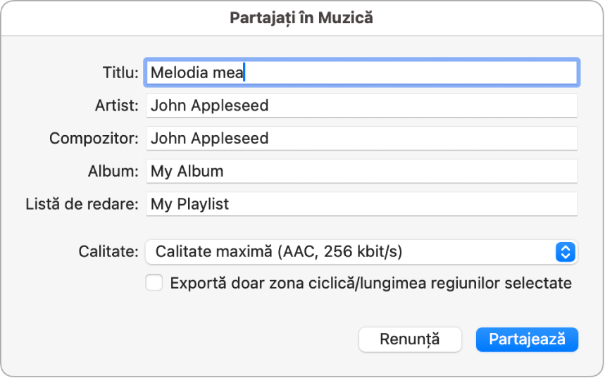 Casetă de dialog Partajează în Muzică.