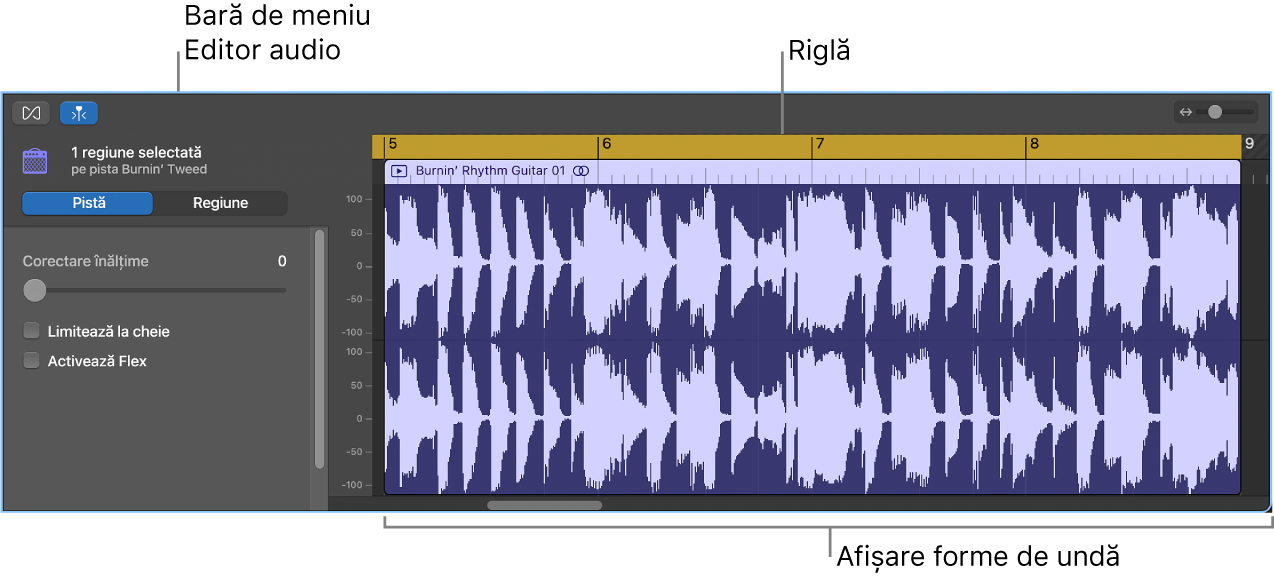 Editorul audio cu regiunea selectată.