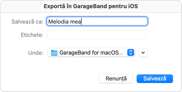 Exportă în GarageBand pentru iOS.