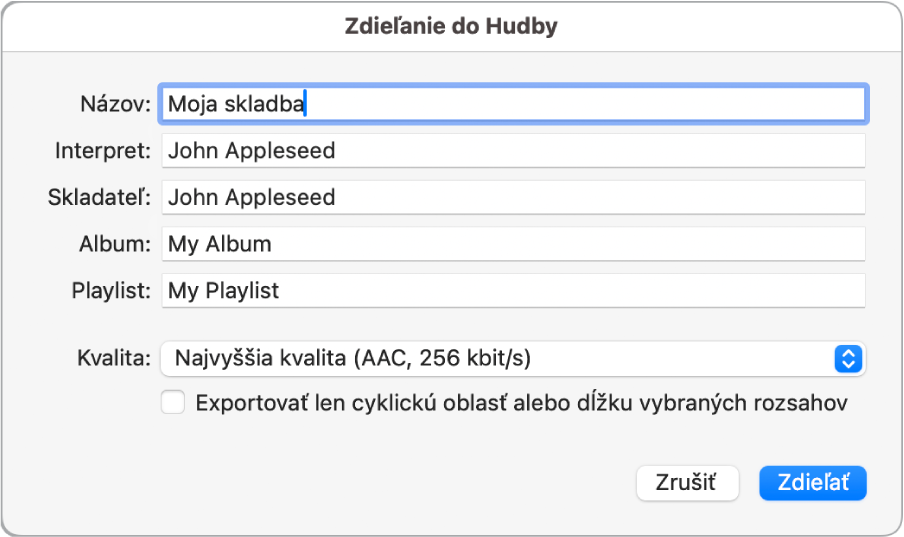 Dialógové okno Zdieľať do Hudby.