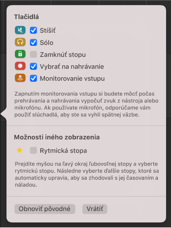 Dialógové okno Konfigurácia hlavičky stopy.