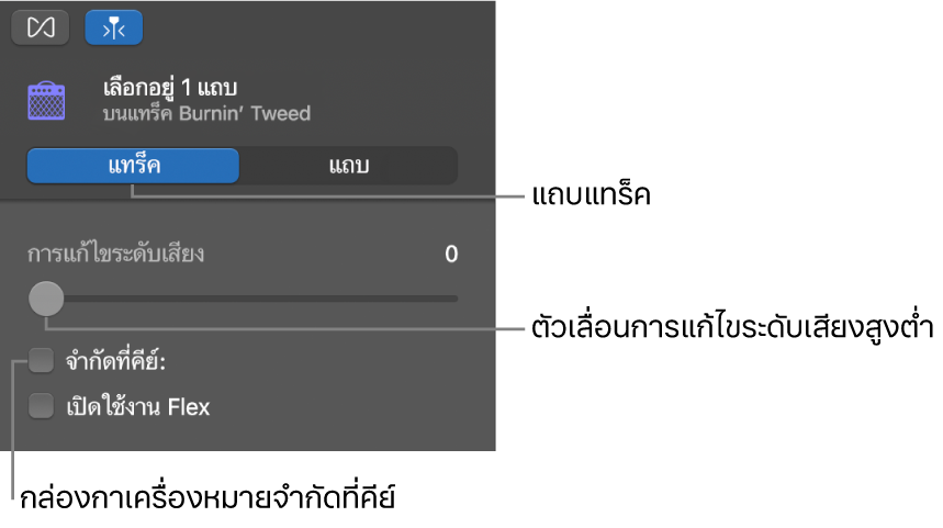 ตัวตรวจสอบตัวแก้ไขเสียงในโหมดแทร็กแสดงตัวเลื่อนการแก้ไขระดับเสียงและกล่องกาเครื่องหมายจำกัดที่คีย์