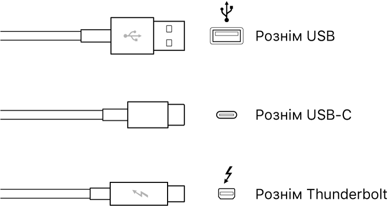 Зображення типів конекторів USB та Thunderbolt.