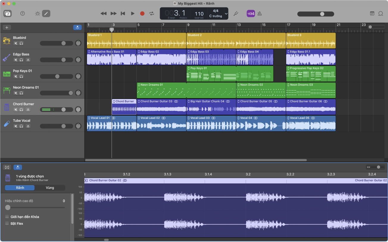 Dự án GarageBand đang phát.