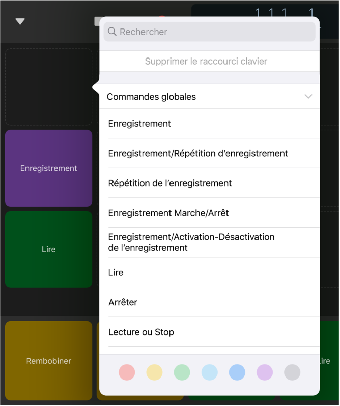 Figure. Menu local Raccourcis clavier.