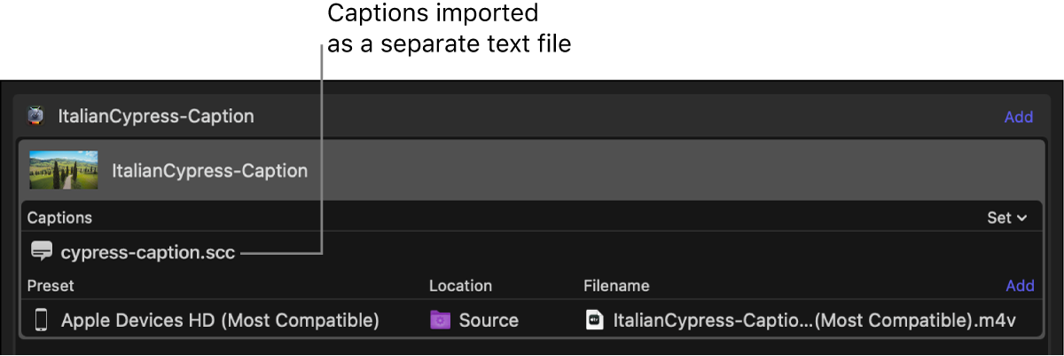 Stapelbereich mit einer Datei mit den Untertiteln, die als separate Textdatei hinzugefügt wurden