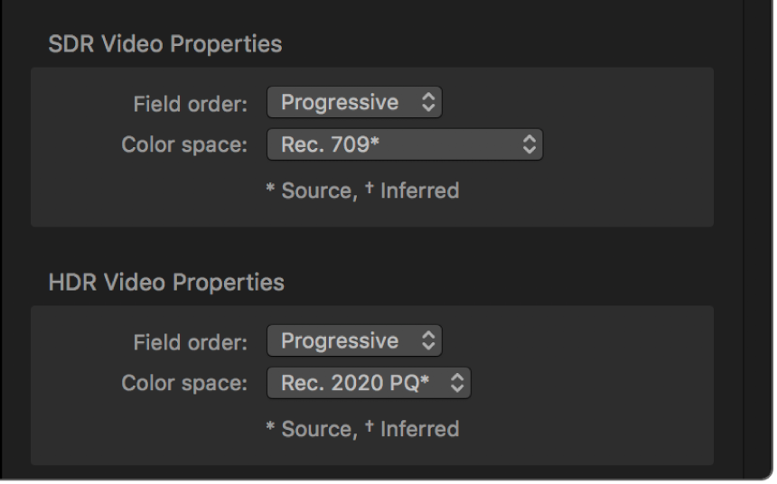 Job inspector showing separate Color space pop-up menus for the SDR source video and the HDR source video.