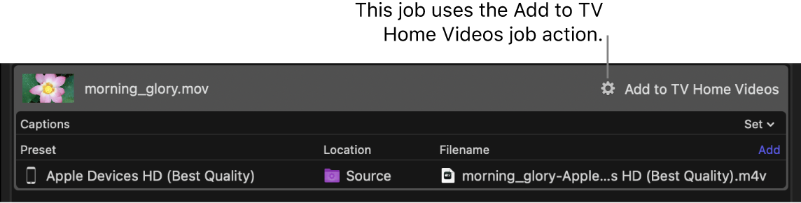 A job in Compressor with the Add to TV Home Videos job action applied.