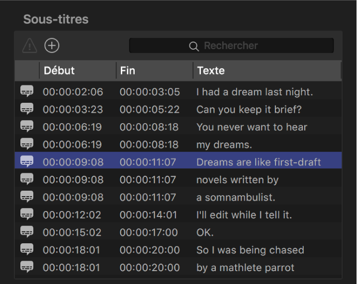 Liste des sous-titres dans l’inspecteur des sous-titres codés
