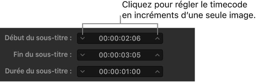 Champs de synchronisation des sous-titres montrant le timecode et les flèches de déplacement entre les images