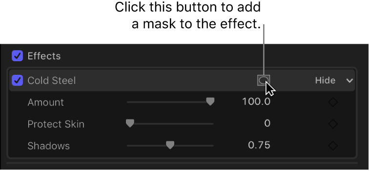 Der Abschnitt „Effekte“ im Informationsfenster „Video“ mit der Taste „Effektmasken anwenden“