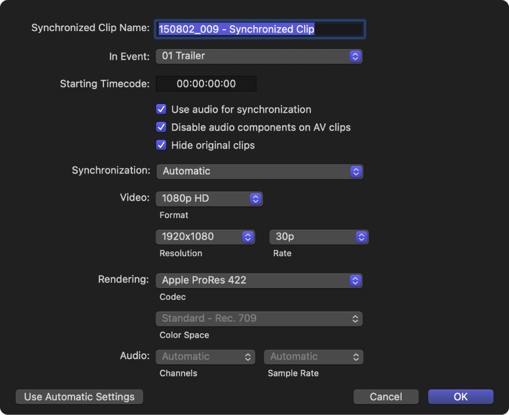 Die anpassbaren Einstellungen zum Synchronisieren von Clips