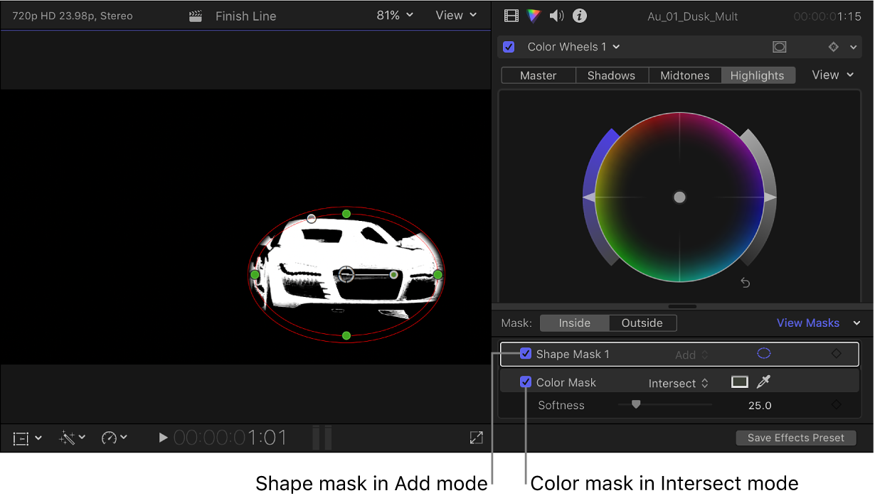 Der Viewer mit einem mit zwei Masken isolierten Auto und das Informationsfenster „Farbe“ mit den Maskeneinstellungen