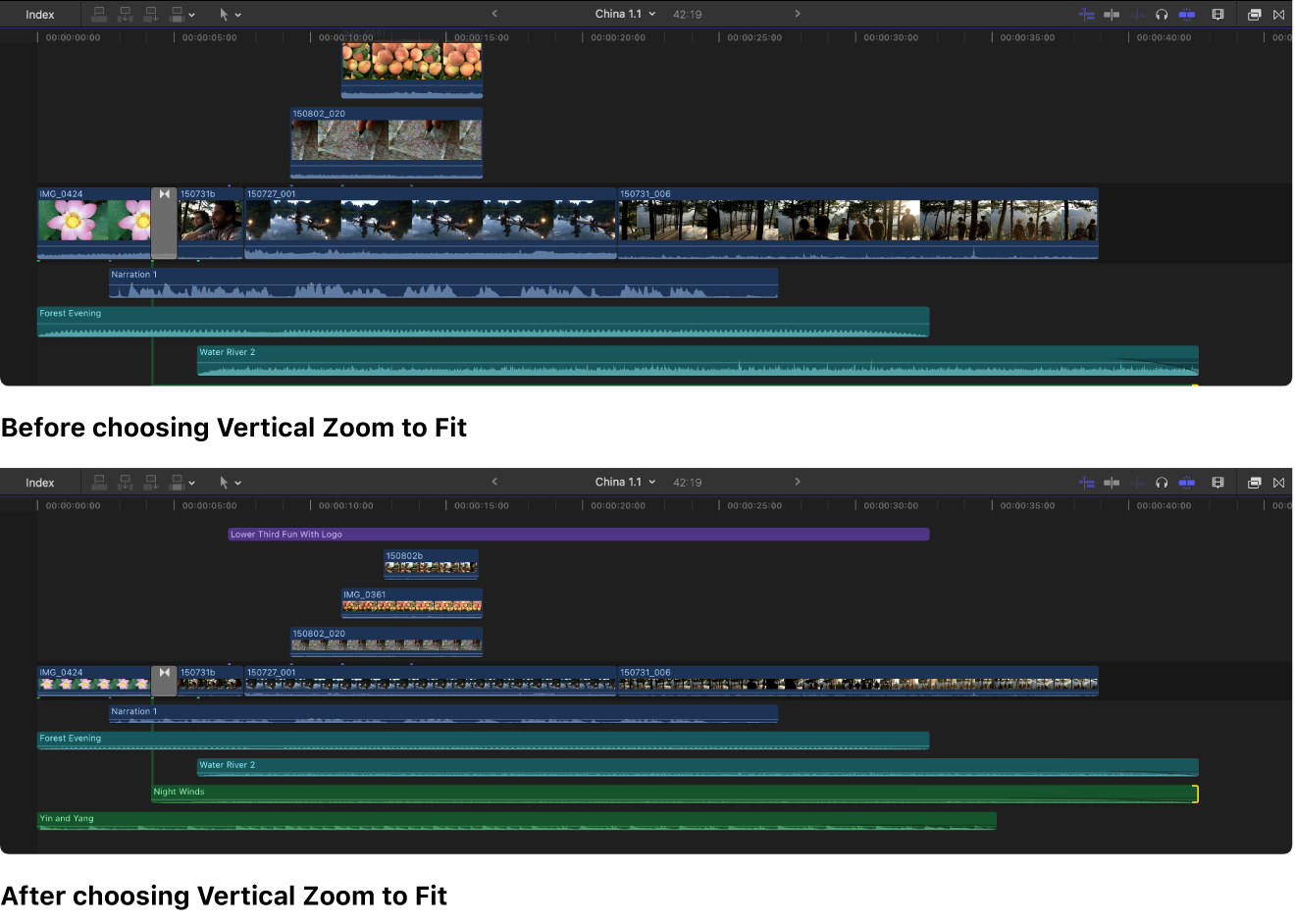 Die Timeline vor und nach Auswahl des Befehls „Größe anpassen (vertikal)“