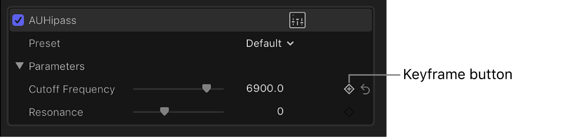 Die Keyframe-Taste für Effekt im Informationsfenster „Audio“