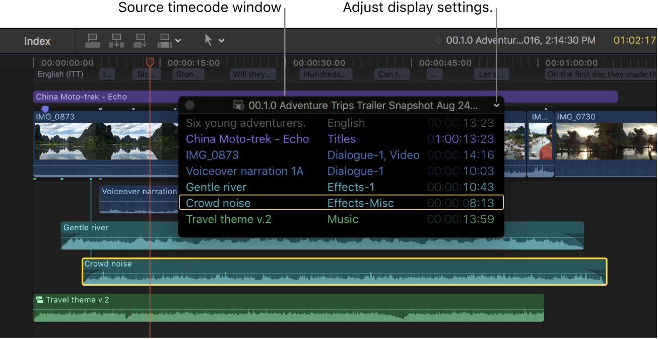 Das Quellen-Timecode-Fenster wird über den Clips in der Timeline eingeblendet und zeigt den Quellen-Timecode für Clips an der Abspielposition.