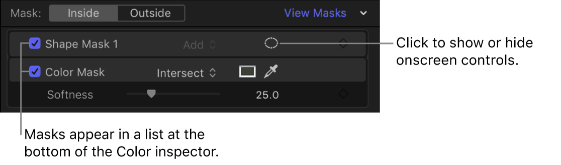 The masks list in the Color inspector showing a color correction with a shape mask and a color mask