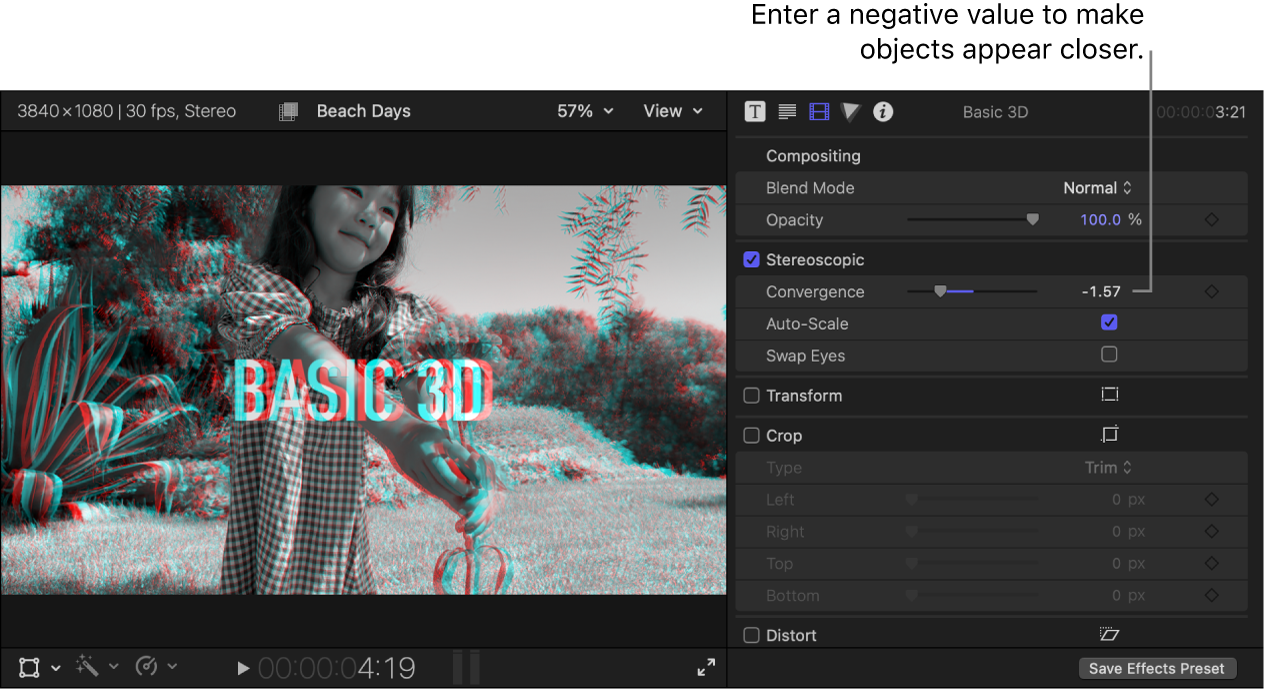 The viewer showing a stereo clip and Basic 3D title in Anaglyph Monochrome view, and the inspector showing the Convergence control set to a negative value