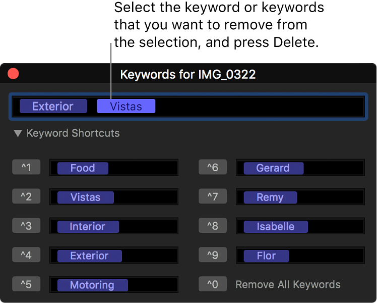 The keyword editor showing a keyword selected for deletion