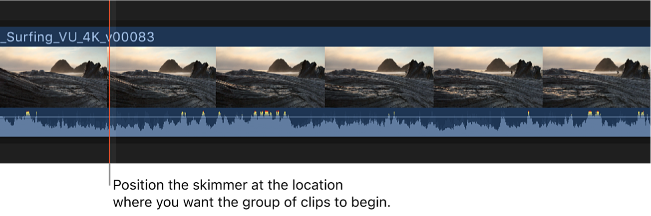 The skimmer positioned on clip in the timeline