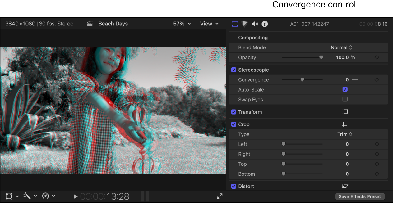 The viewer showing a stereo clip in Anaglyph Monochrome view, and the inspector showing the Convergence slider set to 0