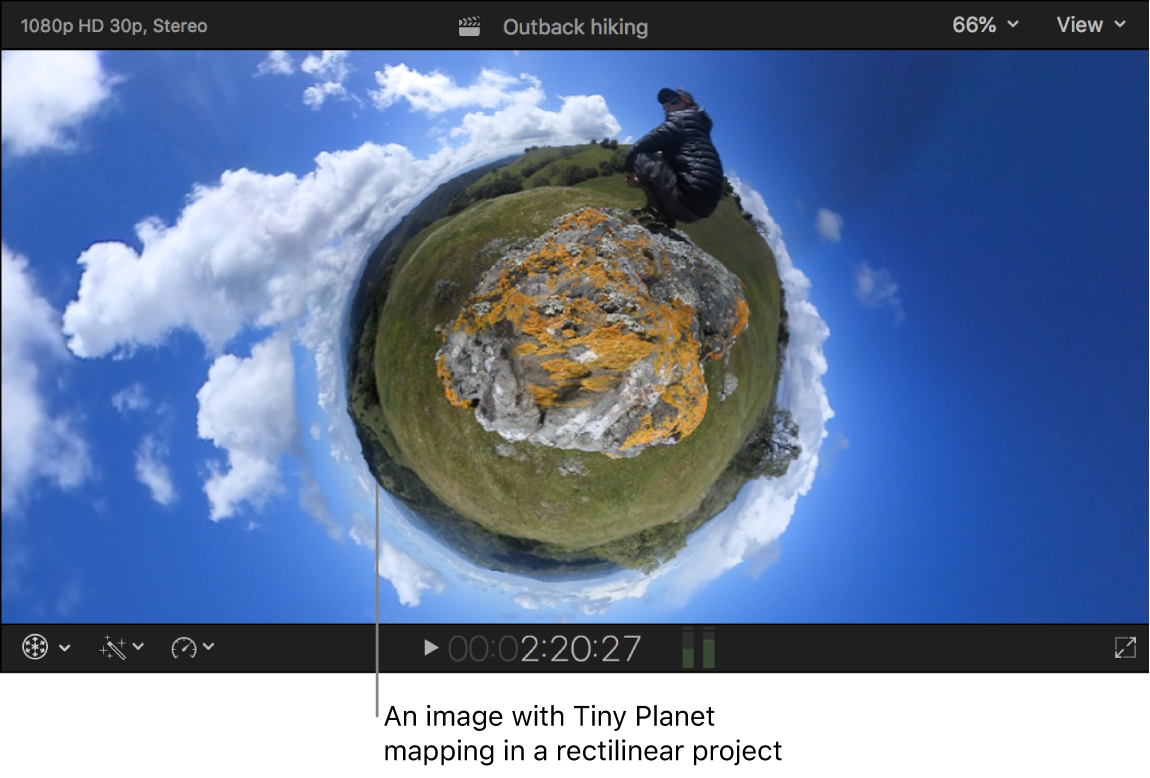 The viewer showing an image with Tiny Planet mapping, creating the effect of a small planet in the center of the image