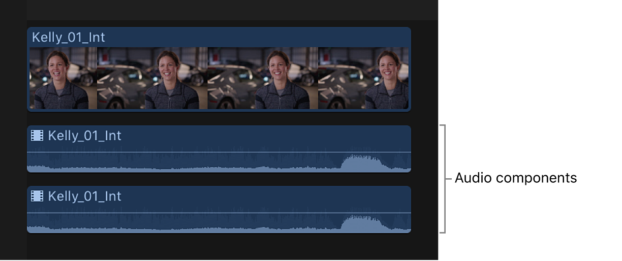 A clip in the timeline with expanded audio components