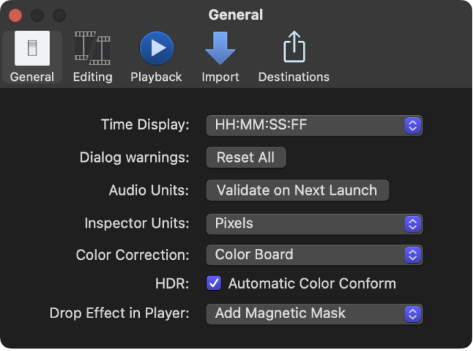 The General pane of the Final Cut Pro Settings window