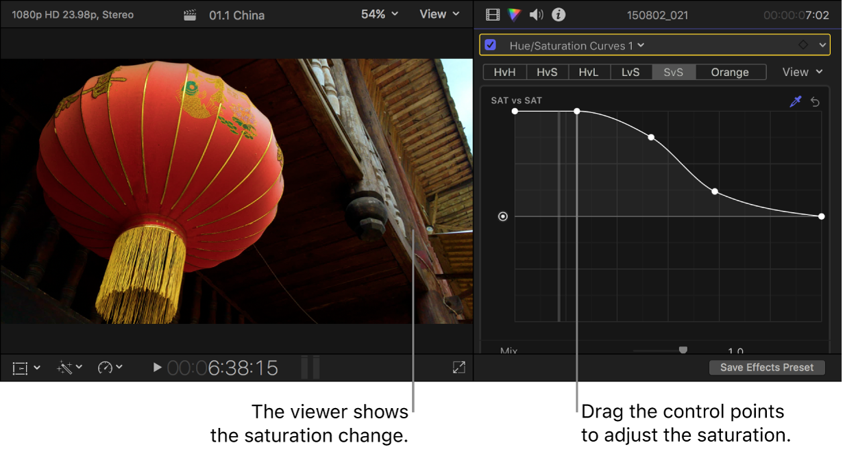 The viewer on the left showing the saturation change, and the Color inspector on the right showing adjusted control points on the Sat vs Sat curve