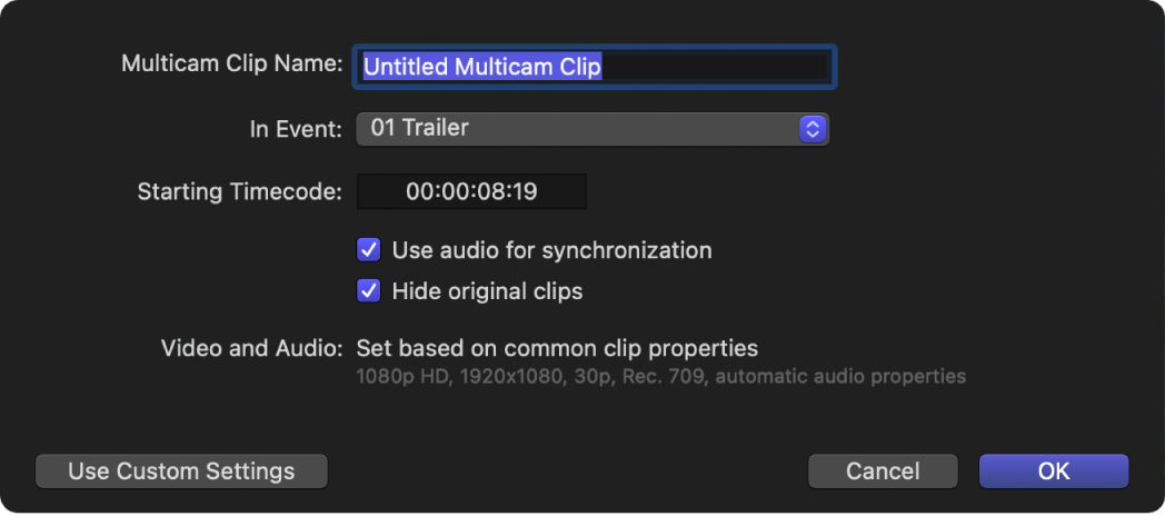 The multicam automatic settings