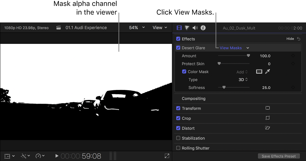 The viewer on the left showing the mask alpha channel, and the Video inspector open on the right