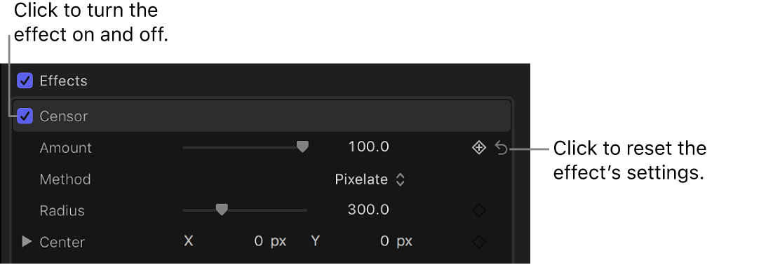 The Effects section of the Video inspector, showing adjustment controls for an effect