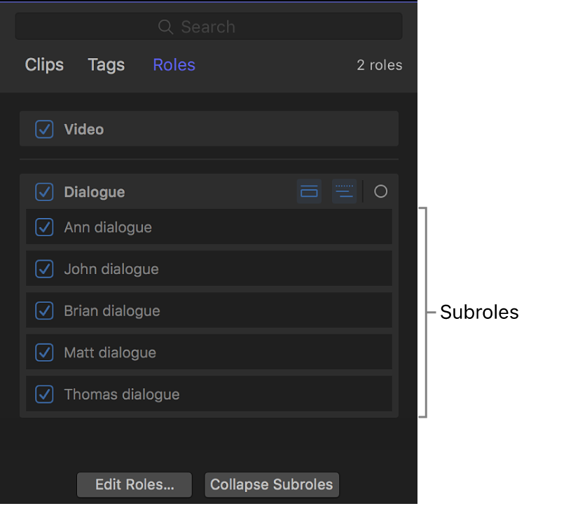 The timeline index showing a list of subroles below the Dialogue role